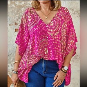 Boho Plus Size Floral Mandala Print V Neck Batwing Sleeve Top Blouse Shirt Pink
